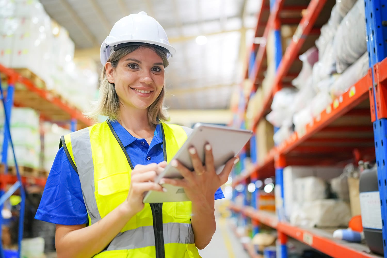 Woman with hard hat, vest, and ipad standing in warehouse isle with a smile.